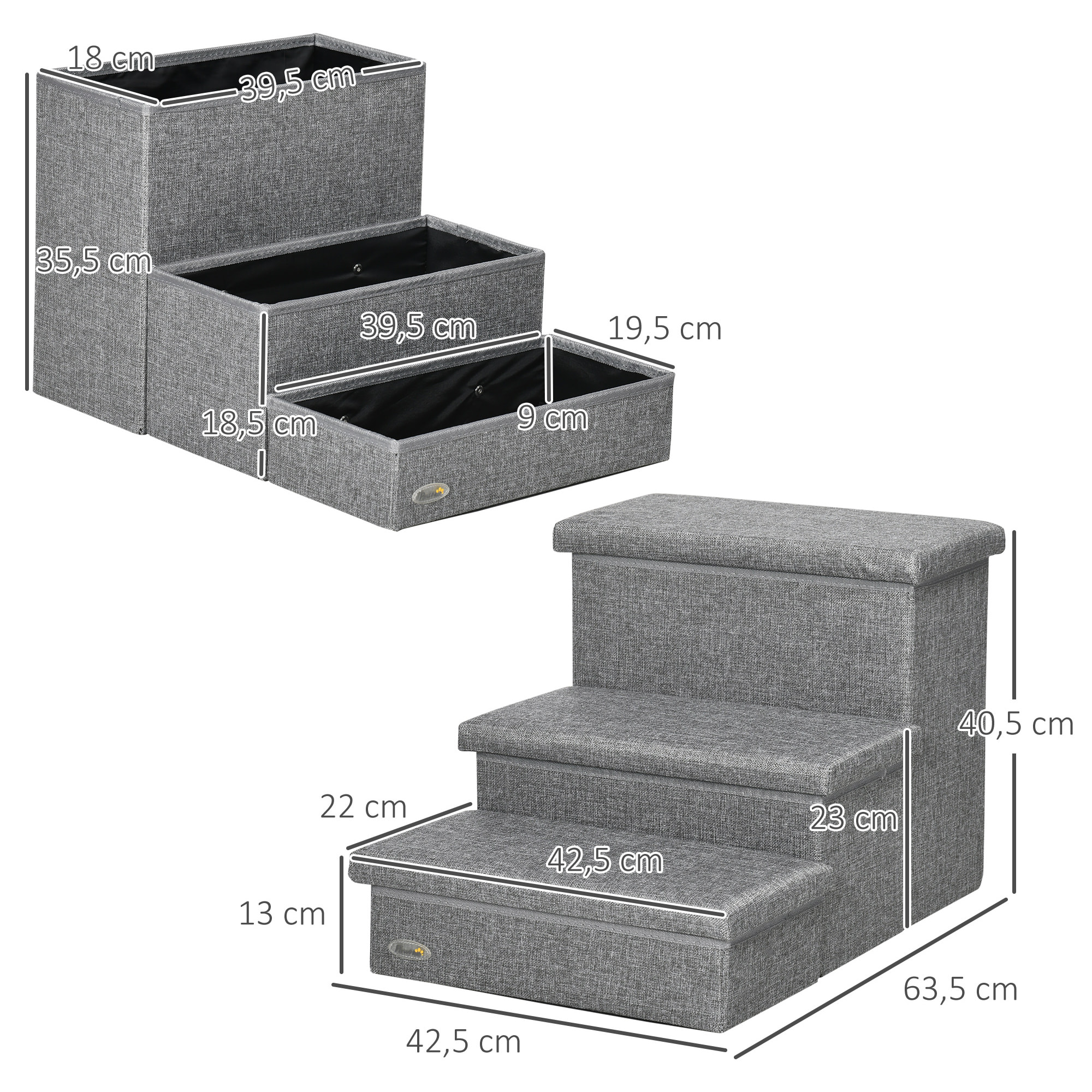 Escalera para Mascotas de 3 Peldaños Escalones para Perros Gatos con Tapas Abribles y Espacio de Almacenamiento 63,5x42,5x40,5 cm Gris