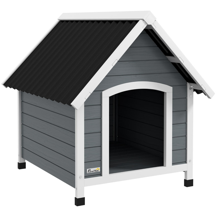 Niche pour chien design chalet sur pied - toit double pente, plancher amovible - plastique noir bois blanc gris
