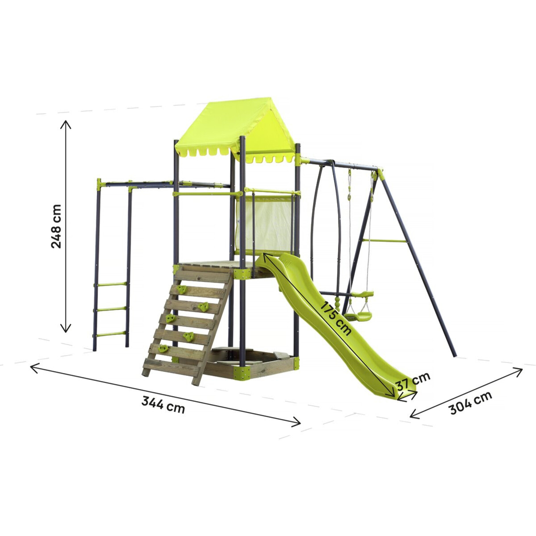 Aire de jeu portique en métal avec toboggan et bac a sable "Lucien" - Vert