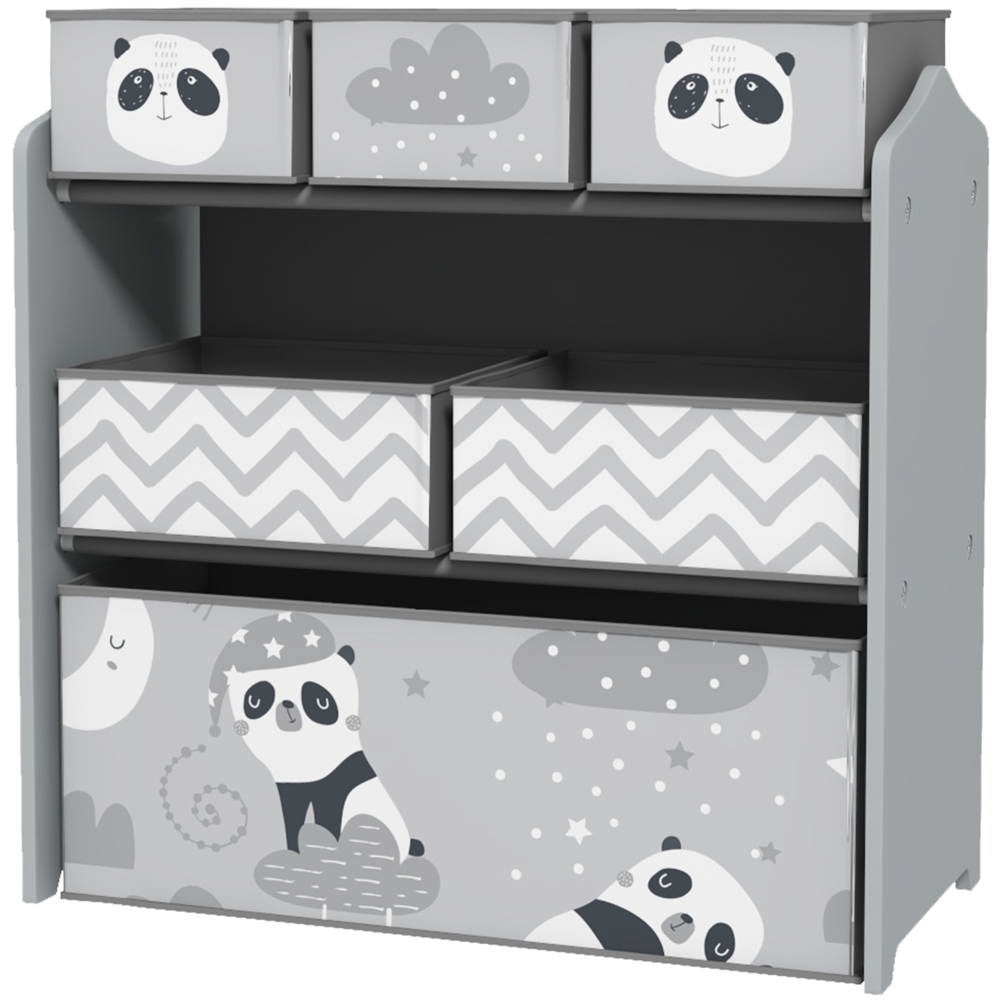 Étagère de rangement enfant design night panda - 6 tiroirs - MDF tissu non tissé - gris