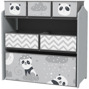 Étagère de rangement enfant design night panda - 6 tiroirs - MDF tissu non tissé - gris
