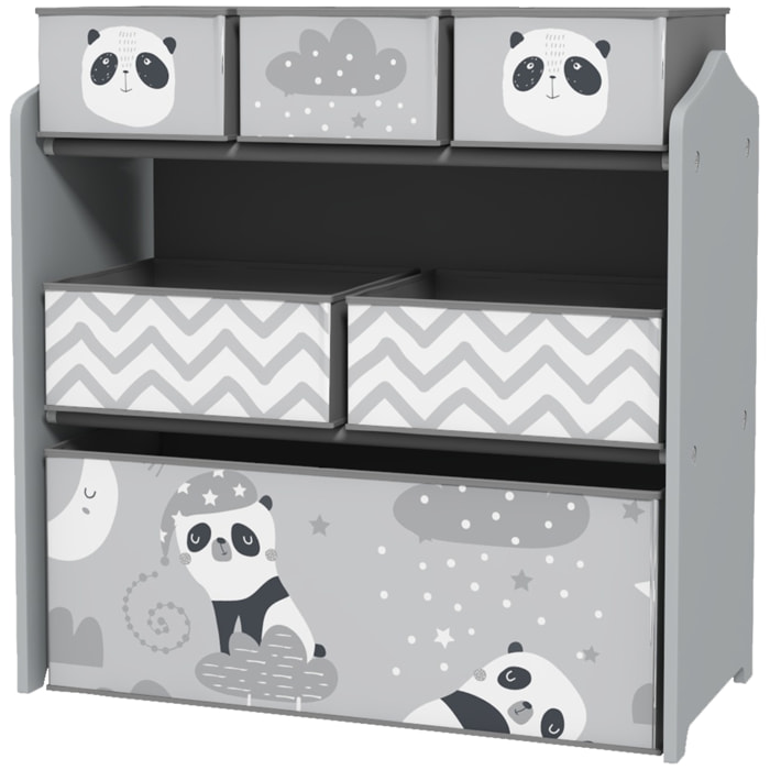 Étagère de rangement enfant design night panda - 6 tiroirs - MDF tissu non tissé - gris