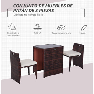 Conjunto Mesa+2 Sillas Exterior de Ratán Sintético Marrón