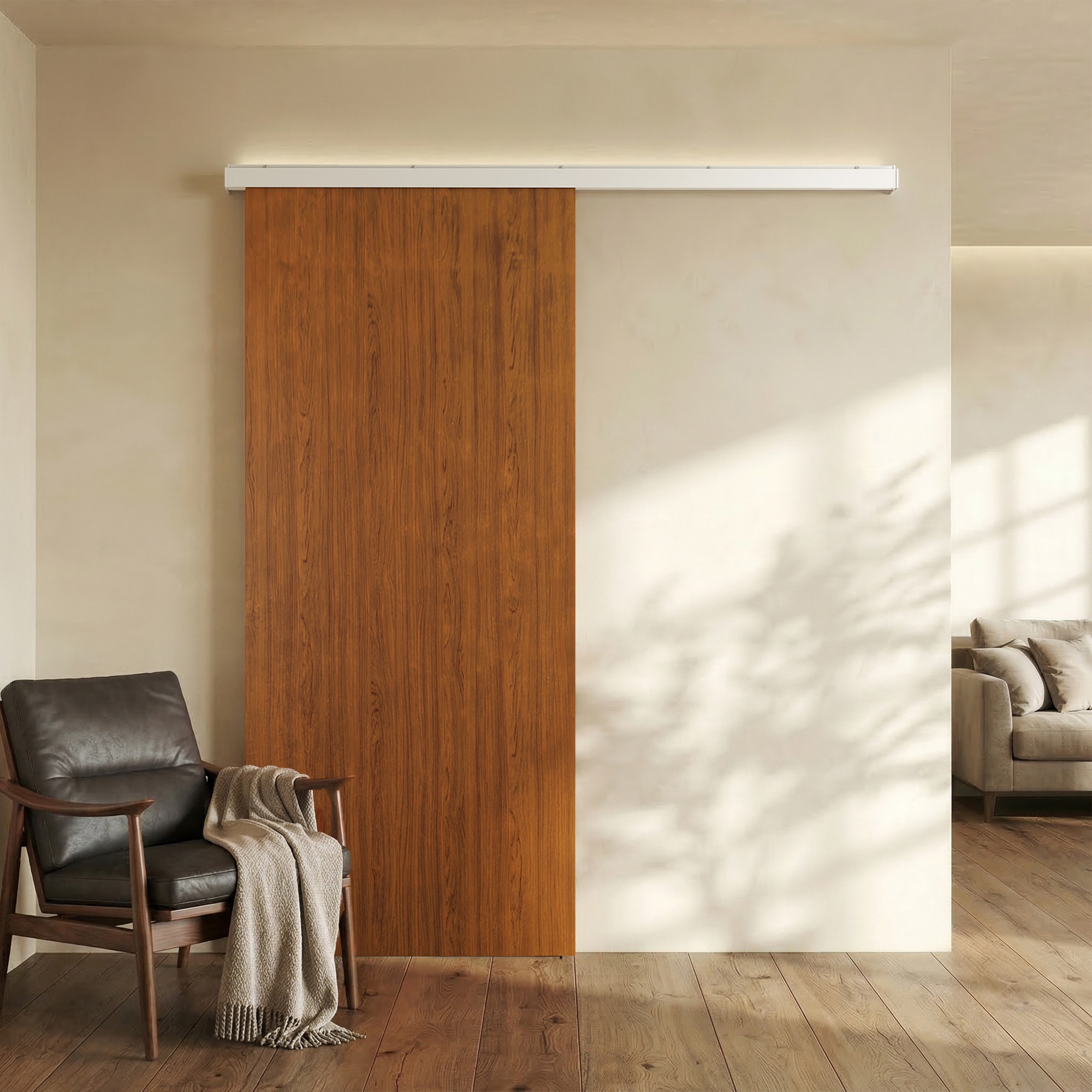 Puerta Corredera con Herrajes 90x210 cm, Puerta Corredera Interior con Rodillo, Riel de Aluminio, Guía de Suelo, para Baño, Salón, Sala de Estar, Marrón