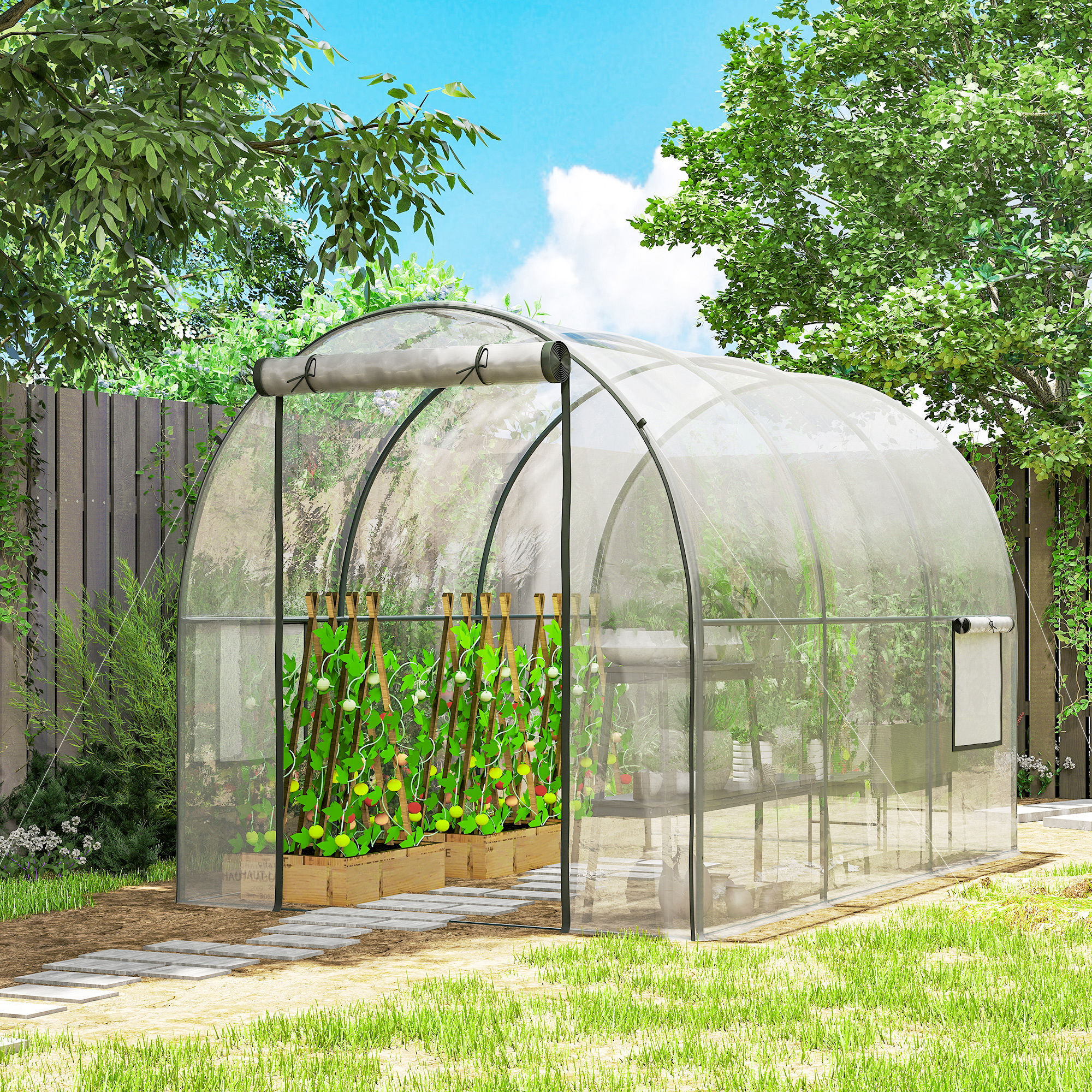 Invernadero de Exterior 3x2x2 m, Invernadero de Túnel con Puerta Enrollable, 2 Ventanas de Malla, Cubierta de Plástico y Marco de Acero, Anti-UV, para Cultivos, Plantas, Flores, Transparente