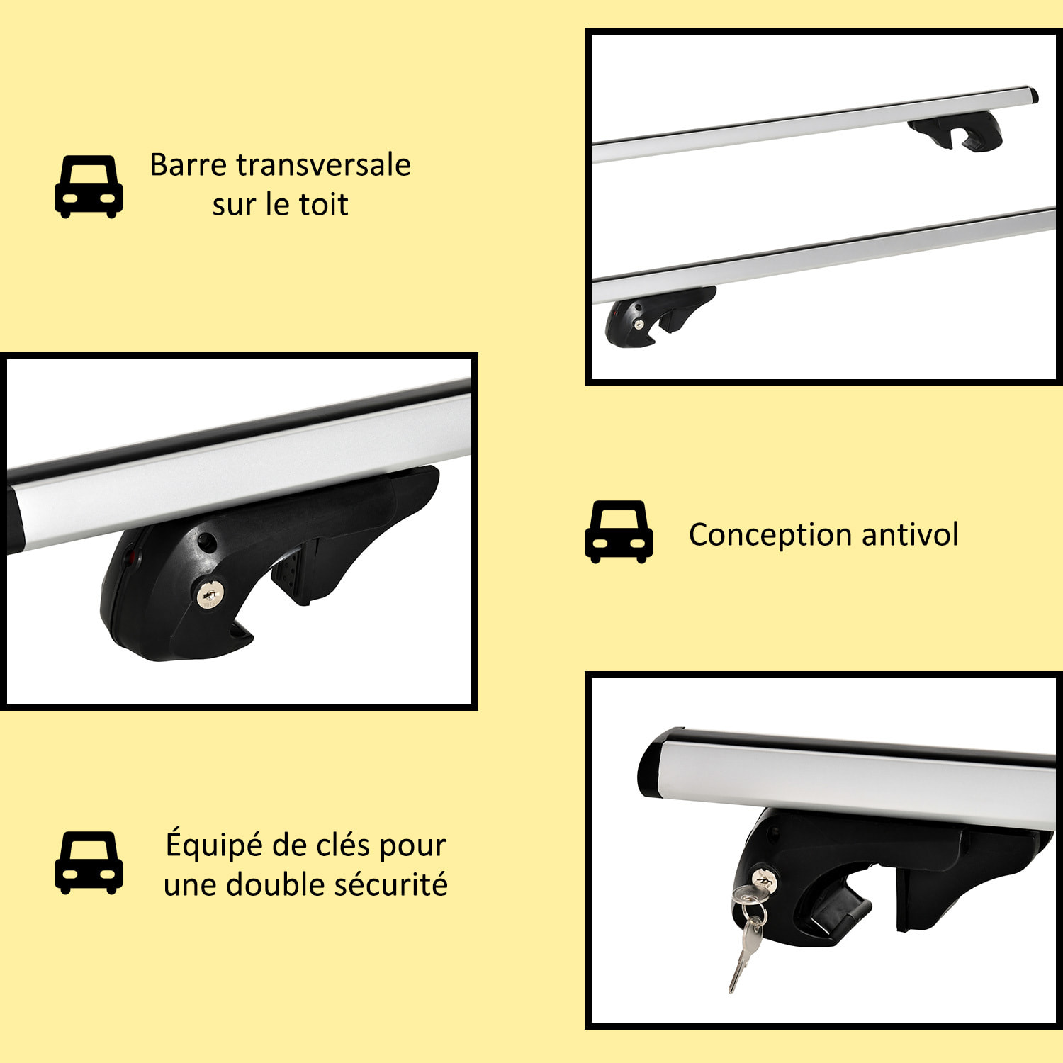 Barres de toit de voiture verrouillables 2 clés fournies dim. 123,5L x 5,5l x 7H cm aluminium noir