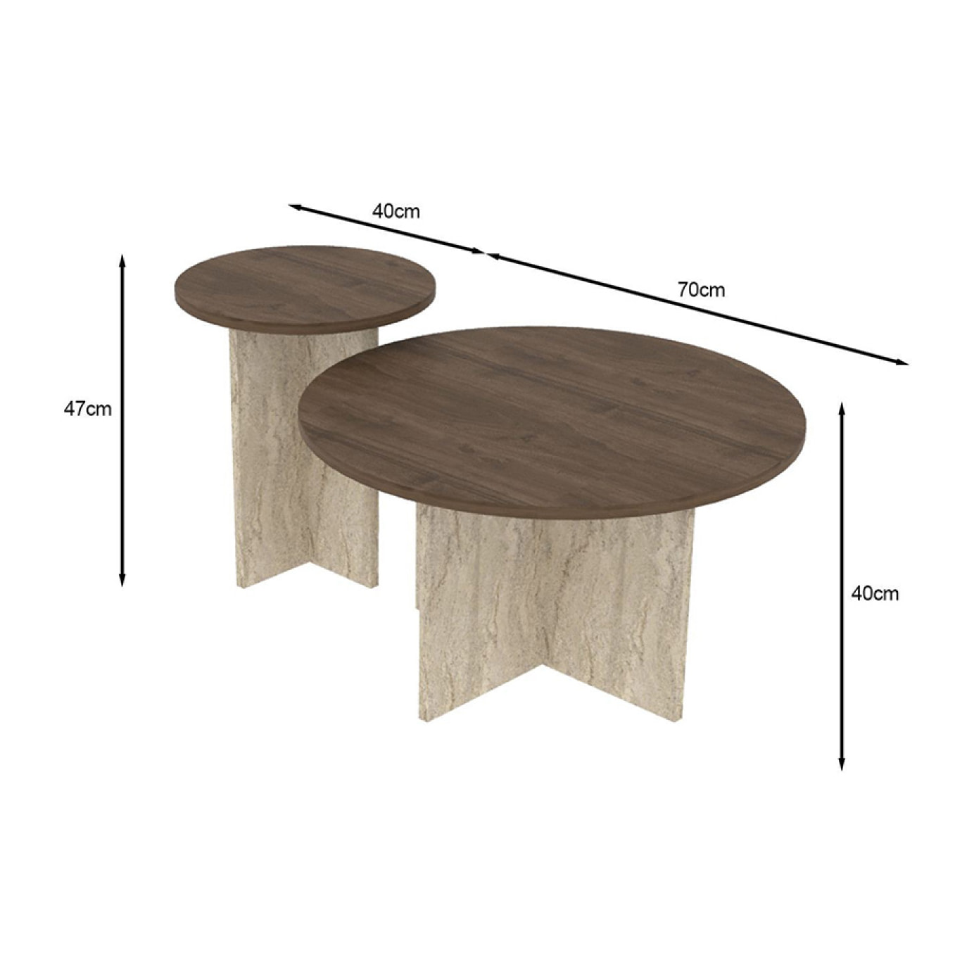 Ensemble de 2 tables basses rondes effet noyer et travertin BLISS