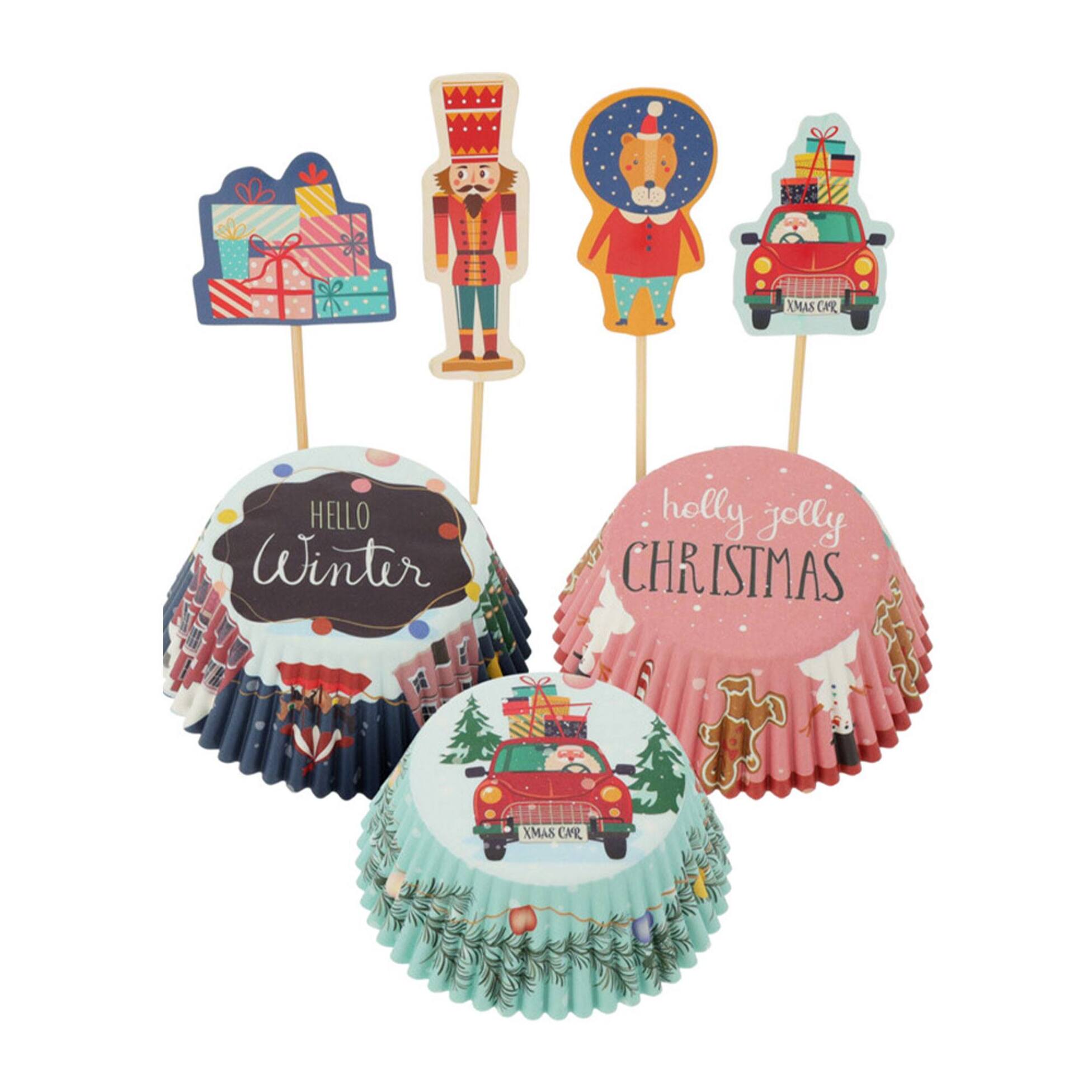Set para cupcakes de navidad de 72pzs - 36 moldes de papel y 36 palillos decorativos con diseños navideños
