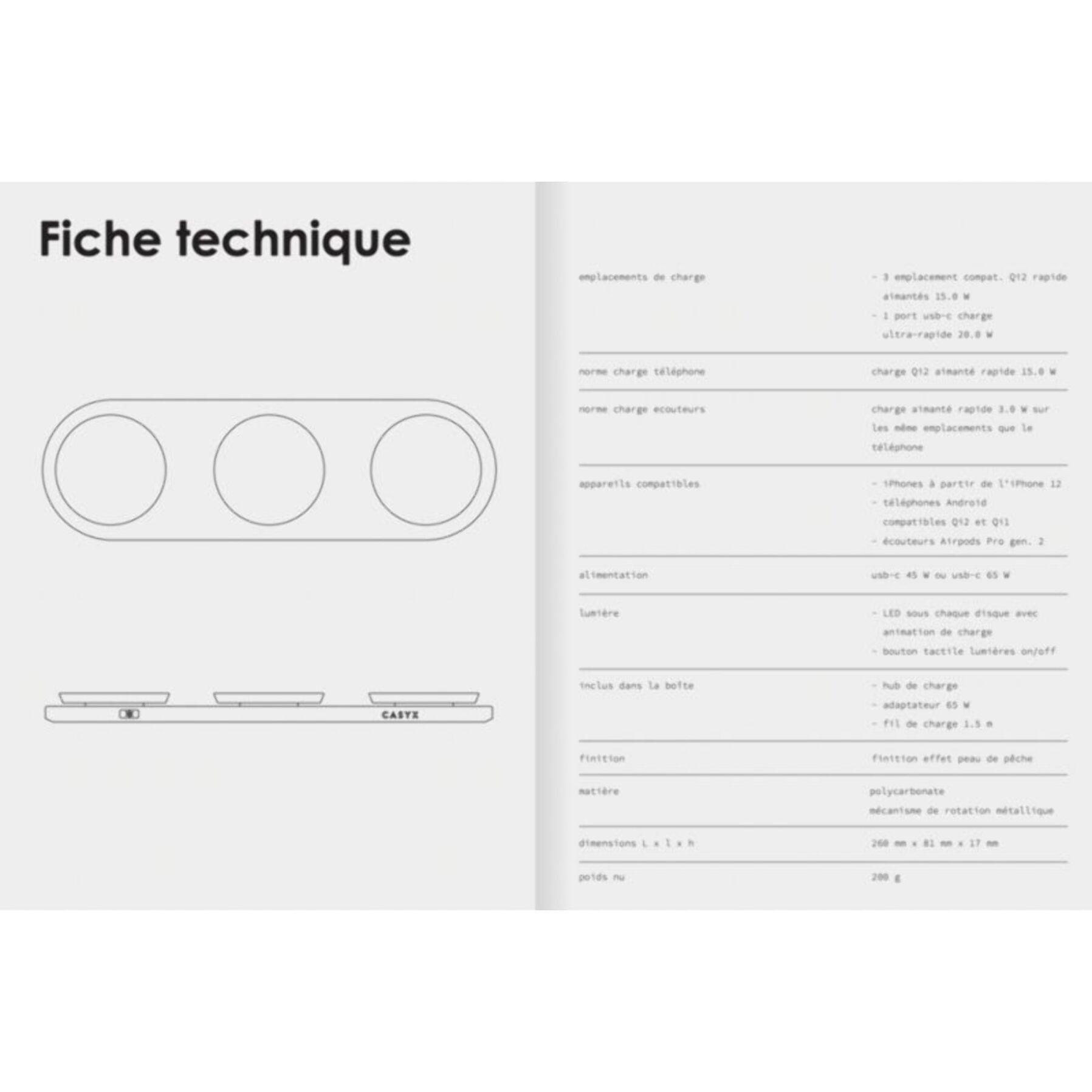 Chargeur CASYX rapide 3 en 1 Qi2 45W noir