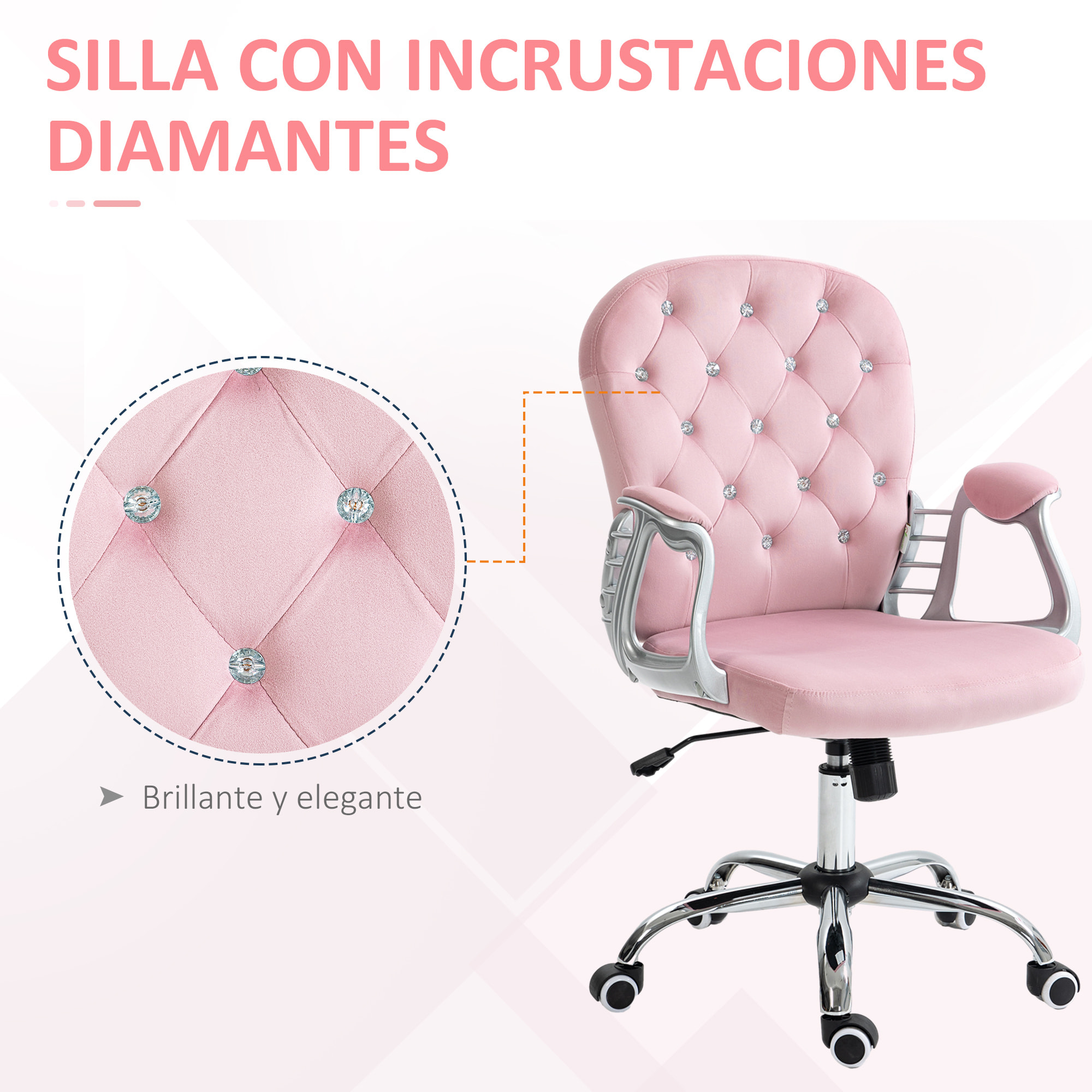 Silla de Escritorio Tapizada en Terciopelo Silla Giratoria con Altura Ajustable Reposabrazos y Decoraciones de Diamantes Carga 120 kg Silla para Estudio Dormitorio 59,5x60,5x93-103 cm Rosa