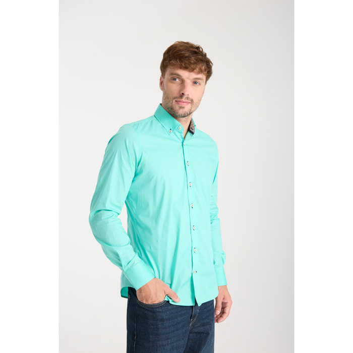 camicia uomo 1 bottone button down slim Popeline Stretch Unito Verde Acqua