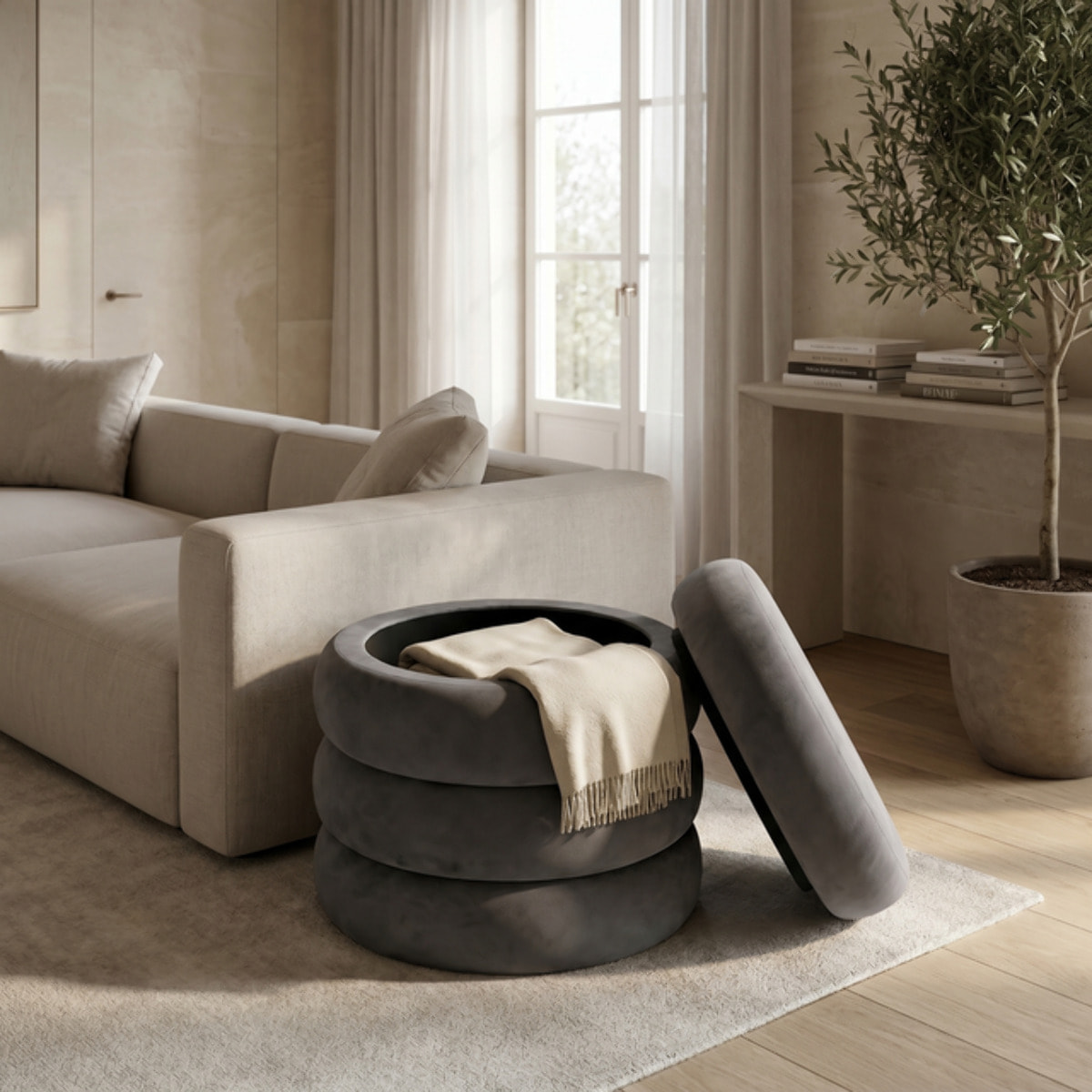Pouf Contenitore Rotondo in Velluto con Coperchio, Seduta Imbottita con Vano Contenitore Salvaspazio dallo Stile Elegante per Soggiorno, Camera da Letto e Ingresso