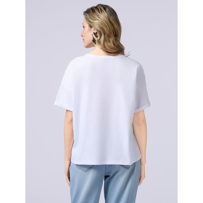 Oltre - T-shirt con tasca in denim e paillettes - Bianco