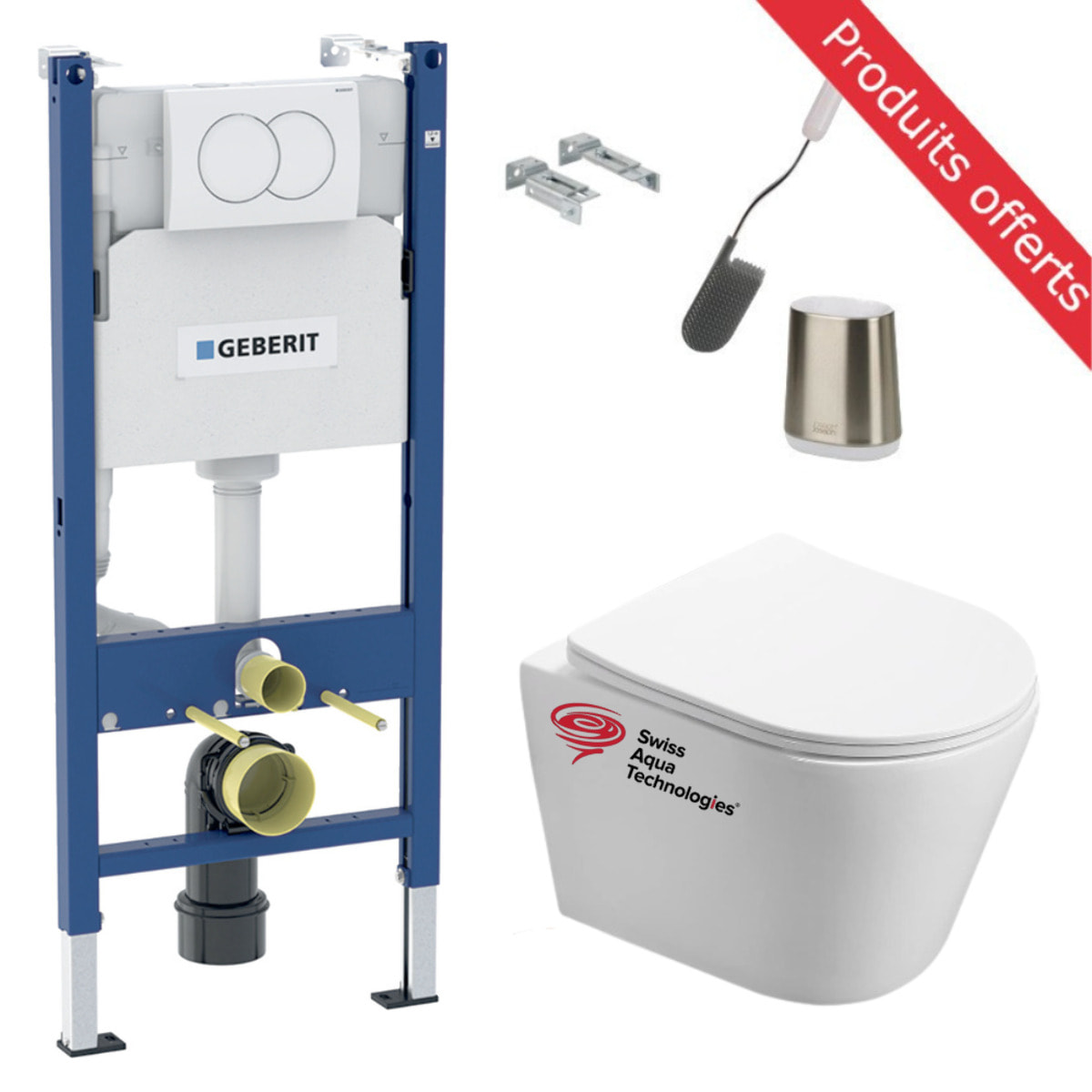 Pack WC sans bride Infinitio + Abattant softclose slim + Bâti Geberit UP100 + Plaque blanche + Brosse Joseph Joseph OFFERTE