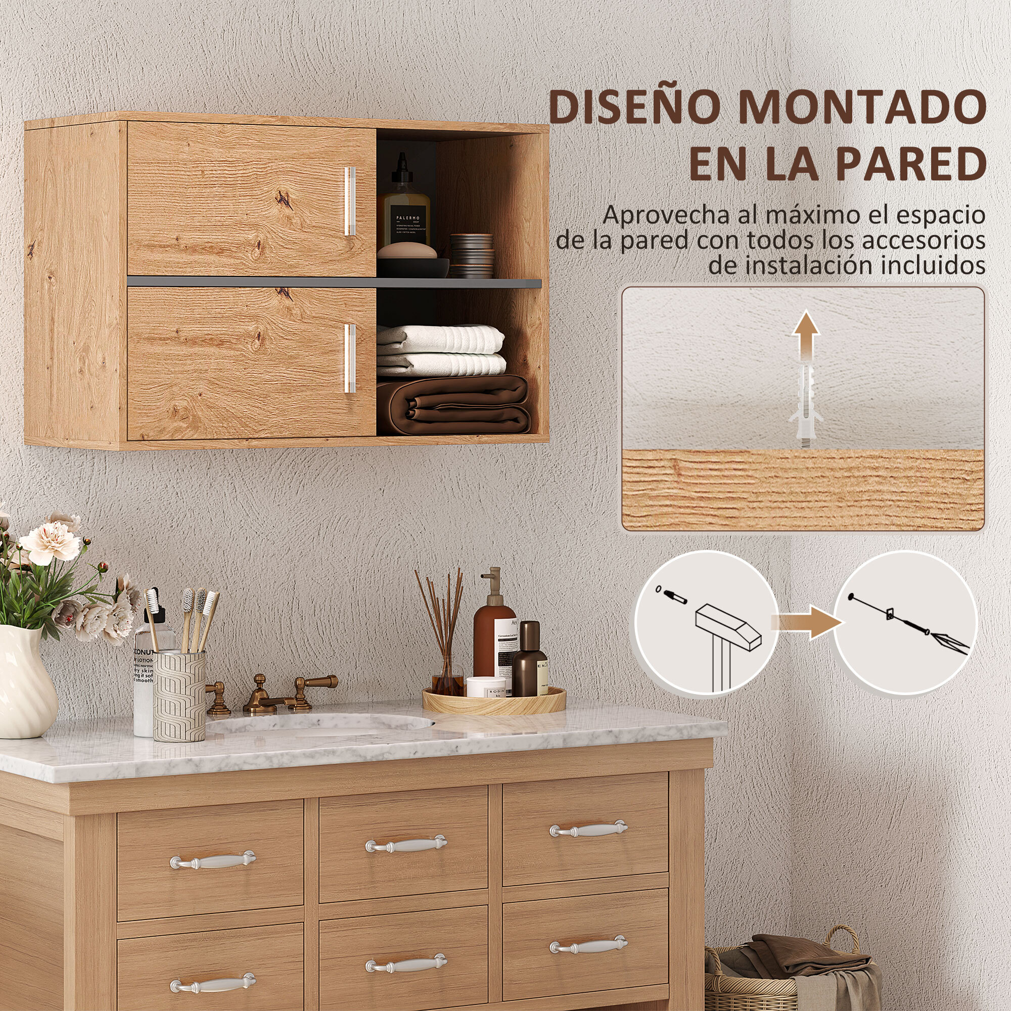 Mueble Auxiliar de Baño Armario de Baño de Pared con Compartimentos Abiertos y 2 Puertas Mueble de Baño Moderno para Cocina Entrada 80x35x57,5 cm Natural