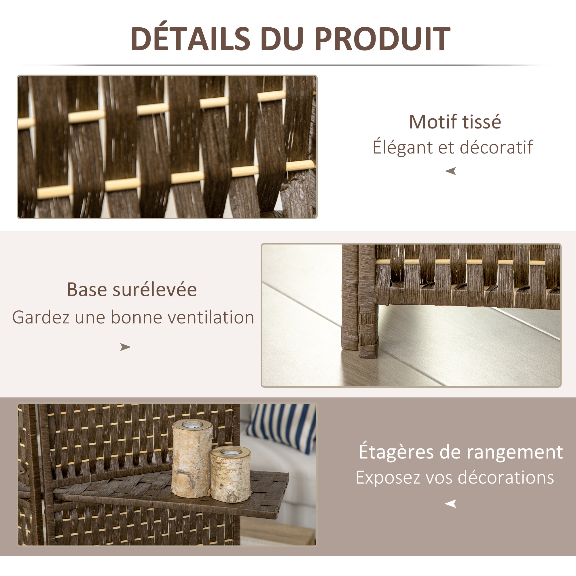 Paravent intérieur 4 panneaux 2 étagères pliables séparateur de pièce bois de pin bambou fibres de papier tressée marron paille