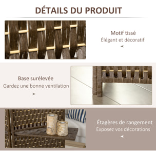 Paravent intérieur 4 panneaux 2 étagères pliables séparateur de pièce bois de pin bambou fibres de papier tressée marron paille