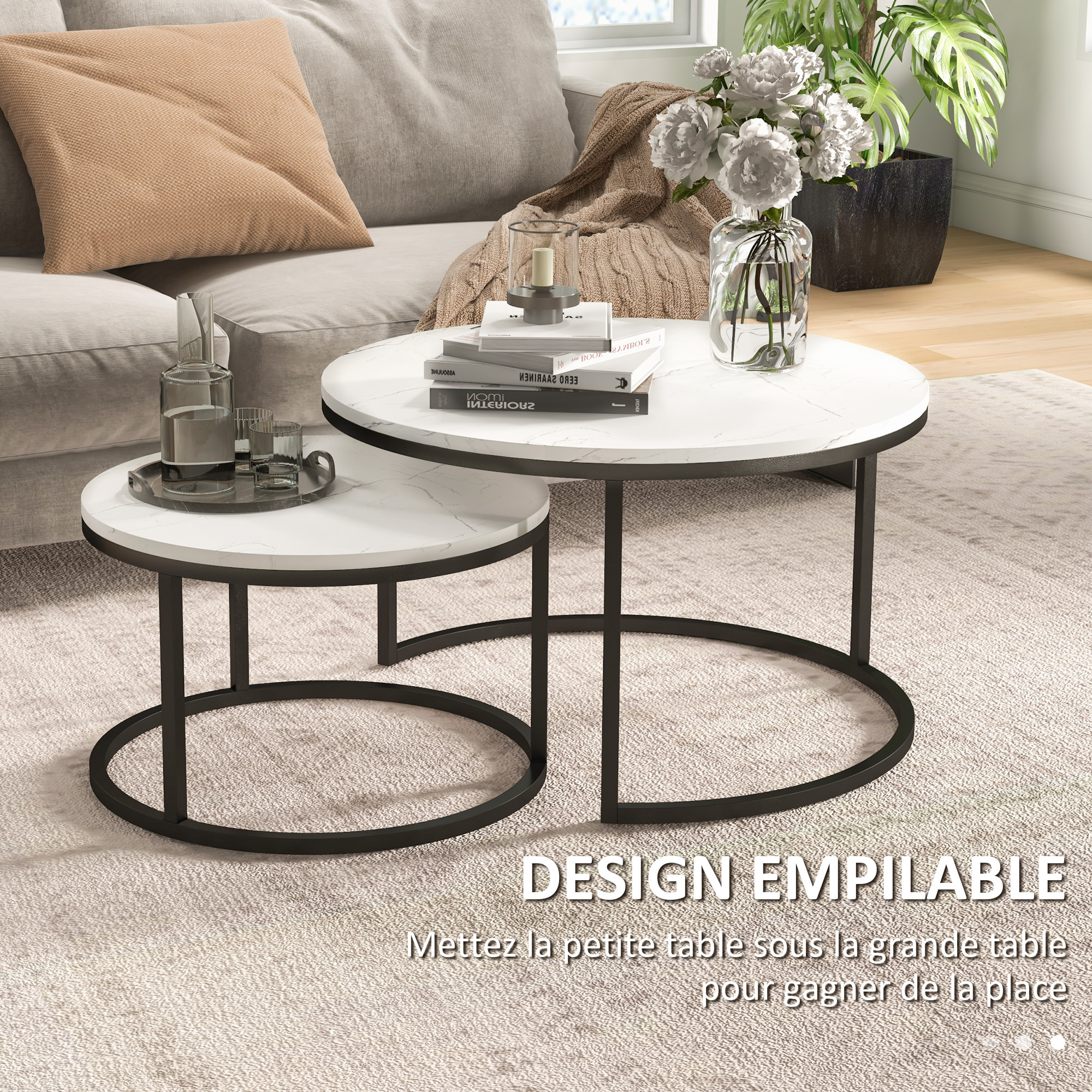 Lot de 2 tables basses rondes gigognes empilables piètement acier noir plateau aspect marbre blanc