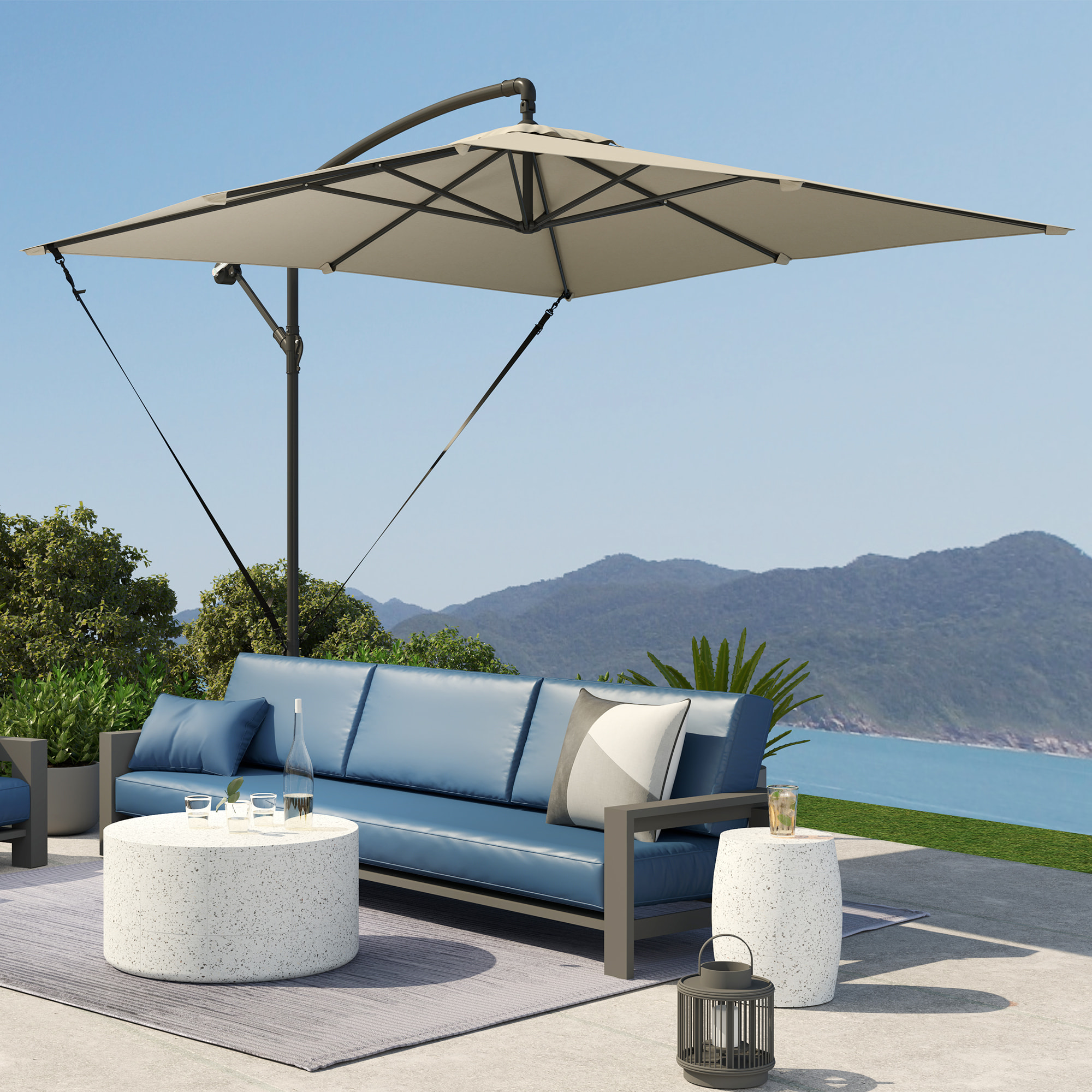 Parasol Excá©ntrico 247x247 cm Sombrilla de Jardín con Base Cruzada Cubierta Ajustable Manivela Funda Protectora y Cuerda de Viento Anti-UV 50+ Sombrilla para Terraza Patio Caqui