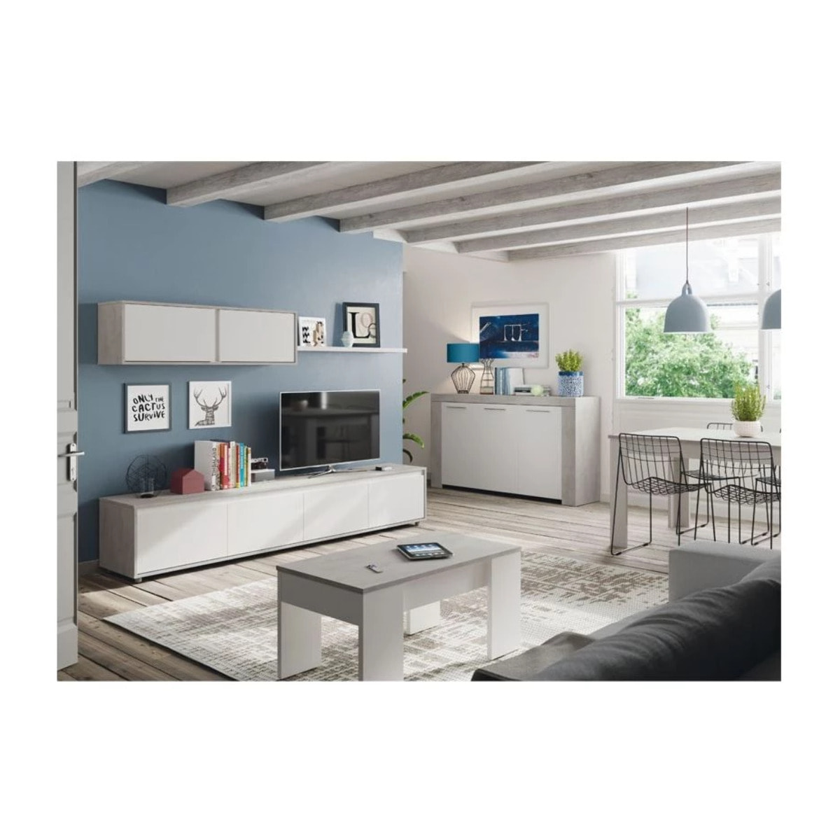 Mesa de centro elevable Low Cost Blanco Artik (Blanco Mate) - Gris Cemento