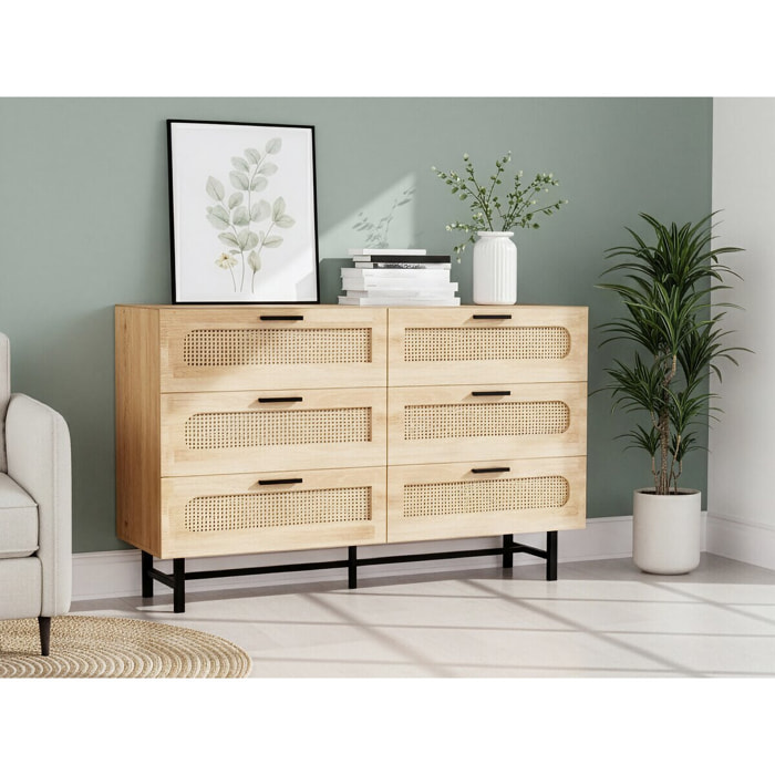 Commode en bois et cannage "Harrison" - 120 x 40 x 75 cm - Beige