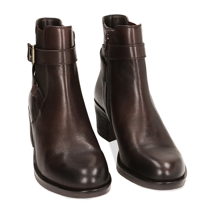 Botines de cuero marrón oscuro Chelsea hasta el tobillo, tacón de 6 cm