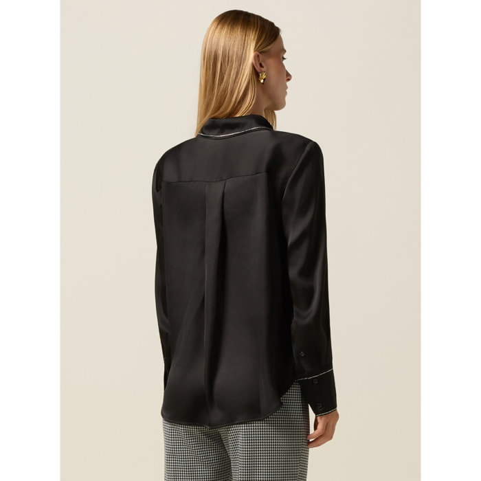 Oltre - Camisa de satén con detalle de cadenillas - Negro