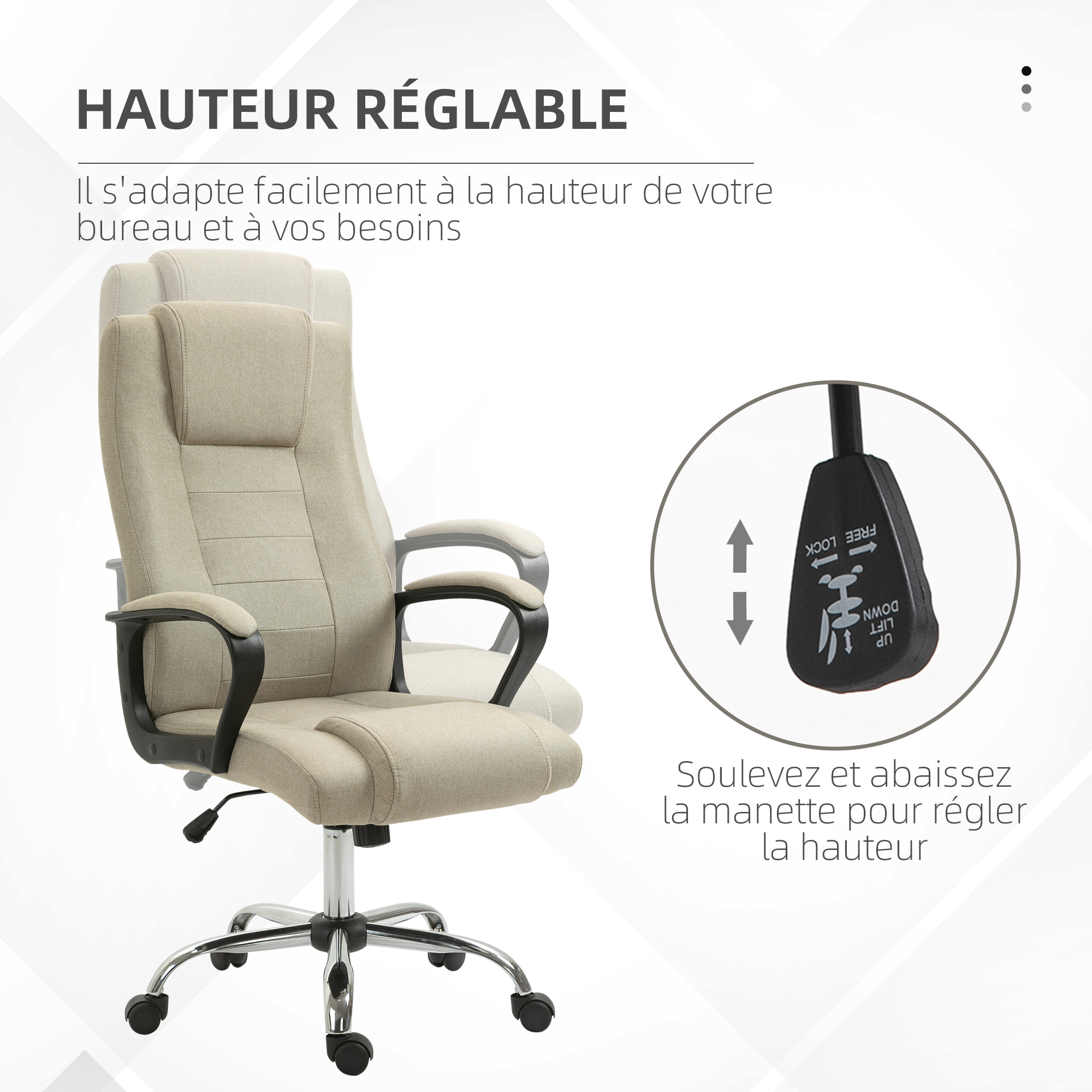 Fauteuil de bureau à roulettes chaise manager ergonomique pivotante hauteur réglable lin beige