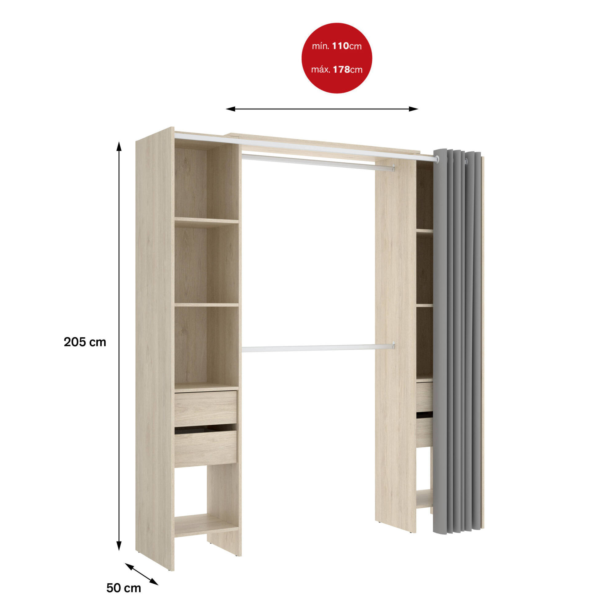 Guardaroba grande Olaf, Mobile camera da letto, Cabina armadio portabiti, Armadio appendiabiti, 180x50 h205 cm, Rovere