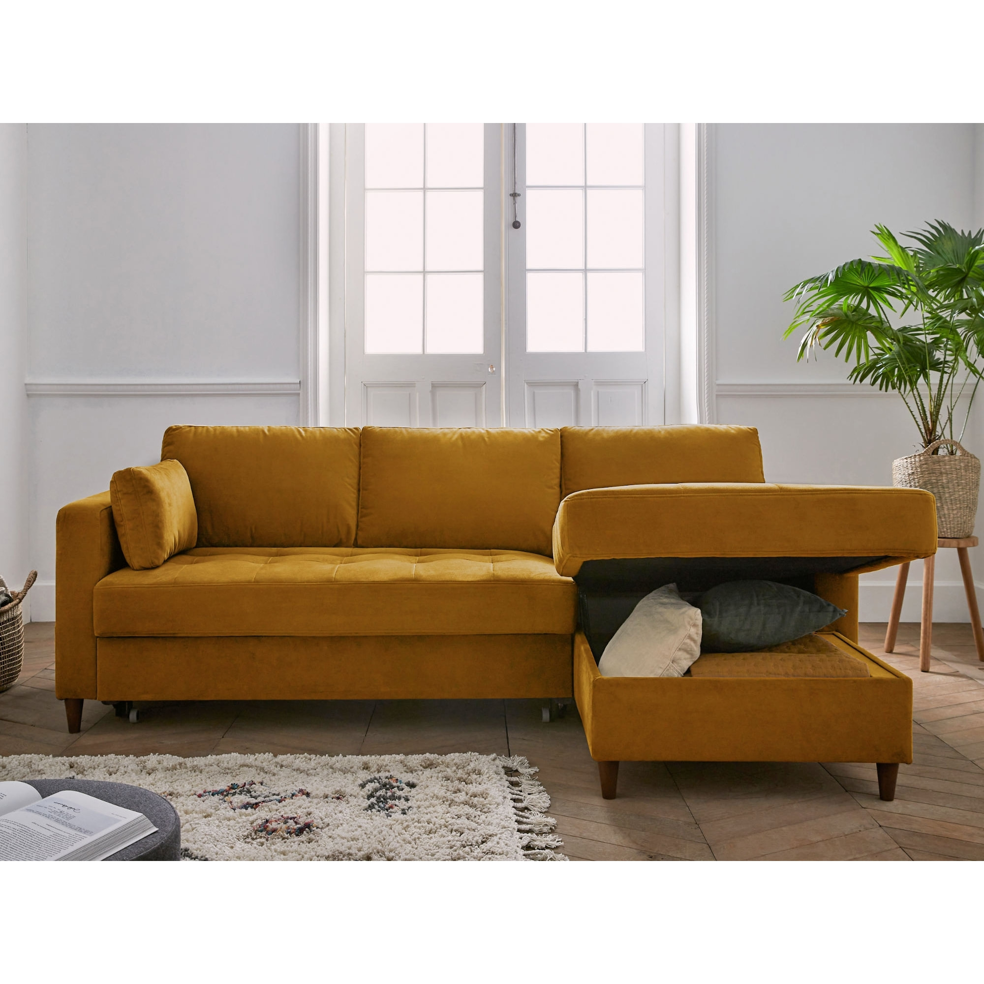Anna - canapé d'angle droit - 4 places - convertible avec coffre - en velours - Jaune