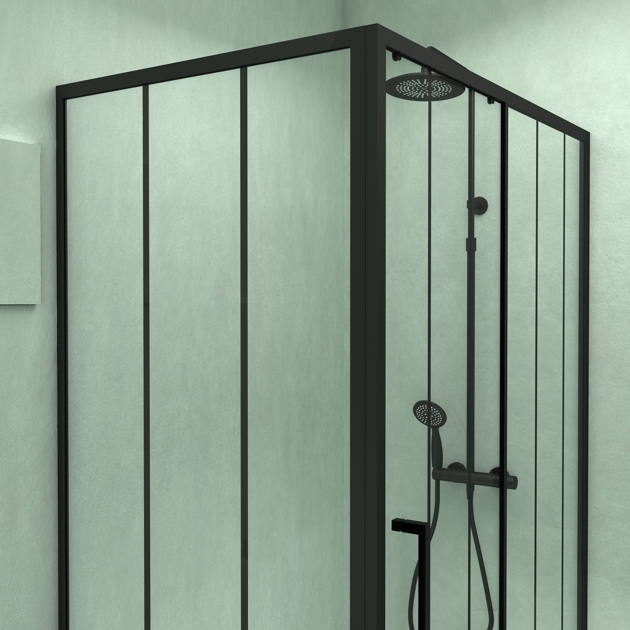 Porte Coulissante et Retour avec Sérigraphie Noire 120x80x200 cm + Receveur Blanc Effet Pierre
