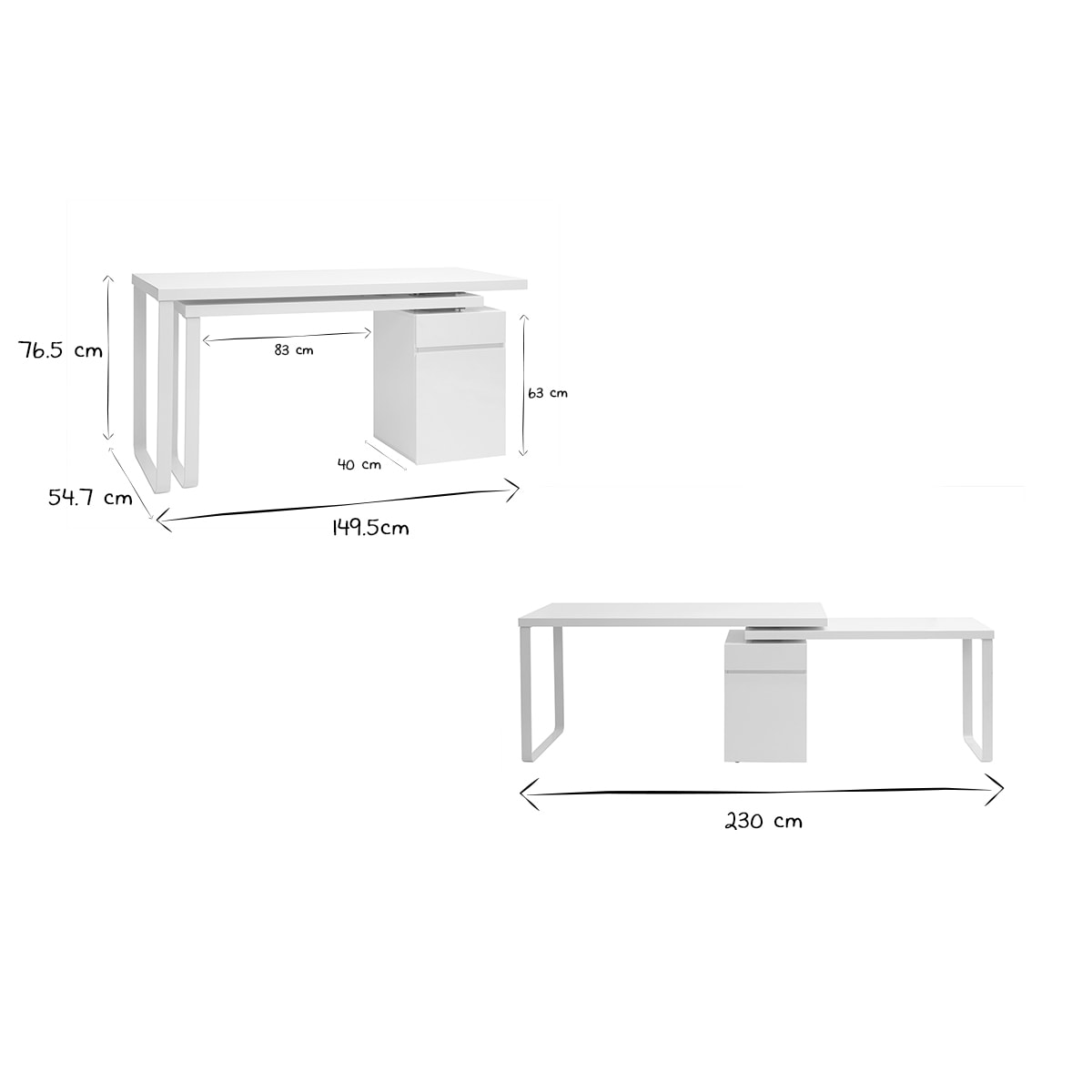 Bureau modulable avec rangements design blanc brillant L150-230 cm VOXY