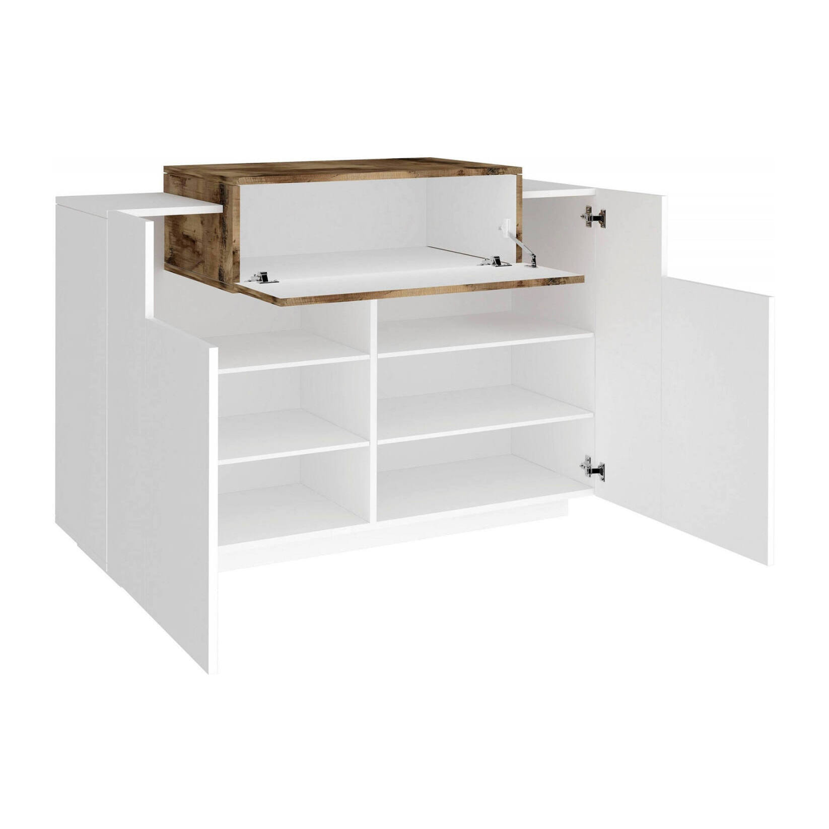 Scarpiera moderna, Made in Italy, a 2 ante e 1 anta a ribalta, Portascarpe da ingresso, Mobile multiuso, cm 120x45h86, colore Bianco lucido e Acero