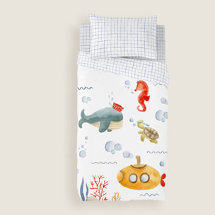 Cool Kids - Funda Nórdica Estampada - Reversible - Infantil - Cierre Solapa - 100% Algodón - Incluye 1 Funda de Almohada - Submarine