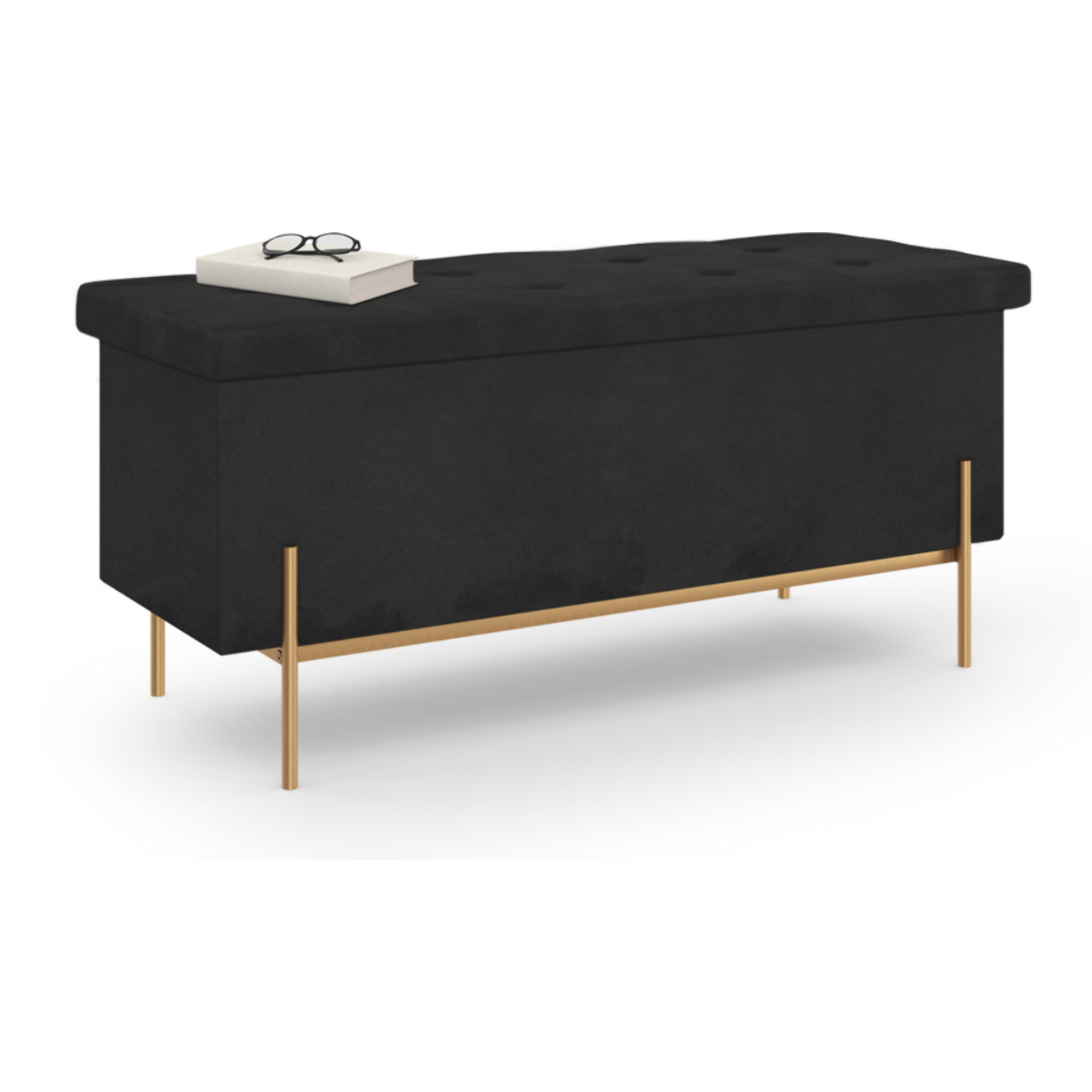 Banc coffre avec pieds dorés Loan en velours noir 100cm