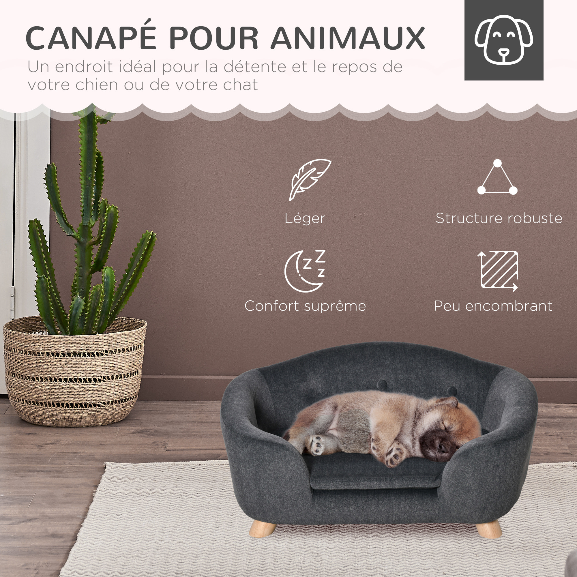 Canapé chien lit pour chien design scandinave coussin moelleux amovible pieds bois massif dim. 70L x 47l x 30H cm peluche courte polyester gris