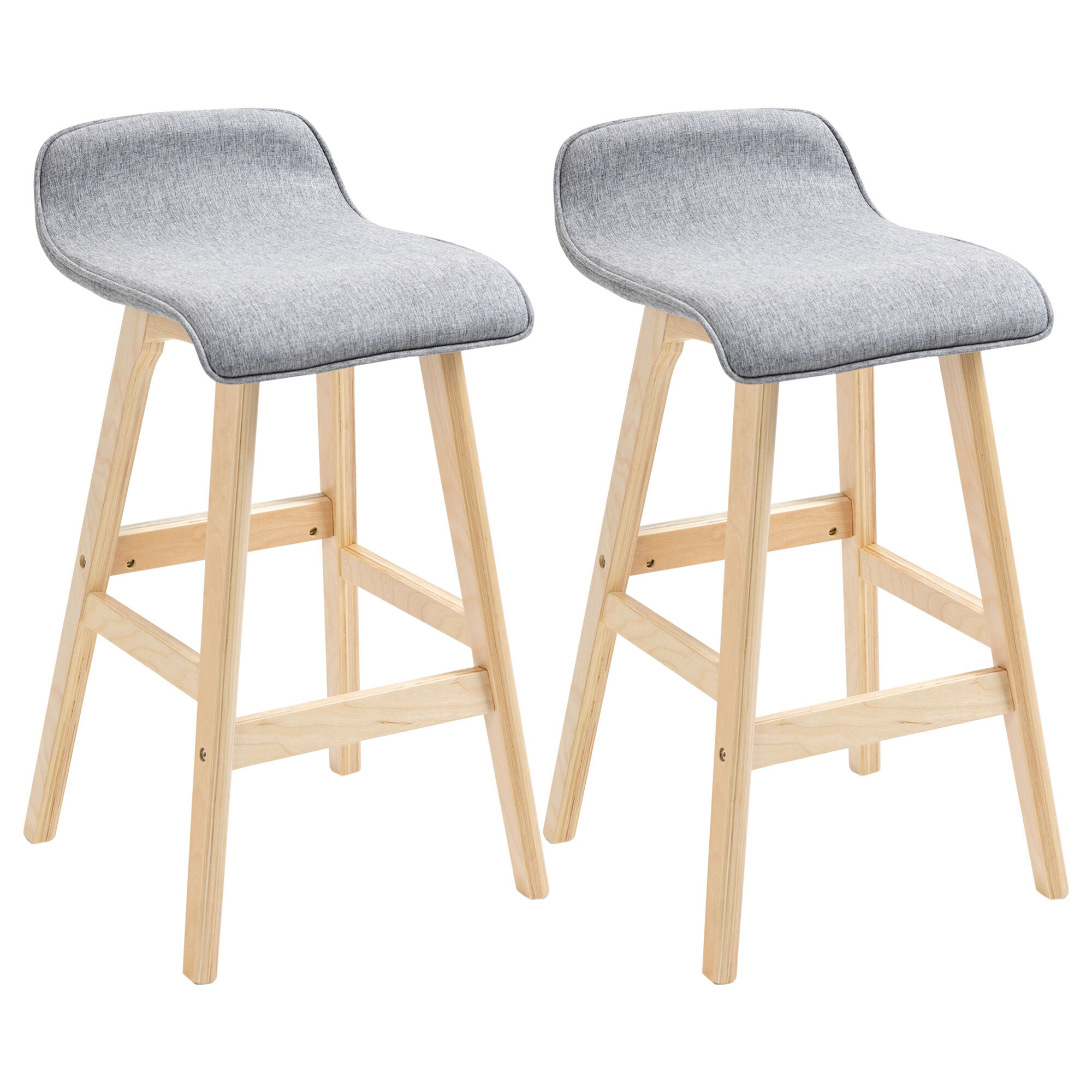 HOMCOM Juego de 2 Taburetes de Bar con Asiento 64 cm de Altura Tapizado en Lino Sintético Taburetes Altos de Cocina con Patas de Madera 40x41,5x75,5 cm Gris y Natural