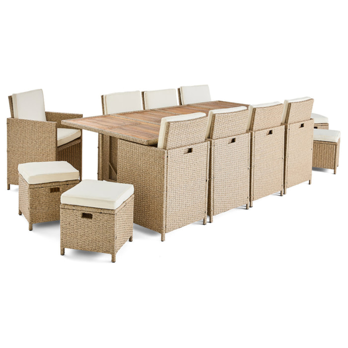 Cuba – salon de jardin encastrable en résine tressé beige - 12 places - coussins beige + housse de protection - Beige