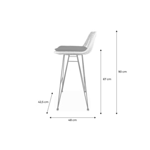 Deux tabourets de bar en rotin naturel et métal. coussins noirs - Cahya