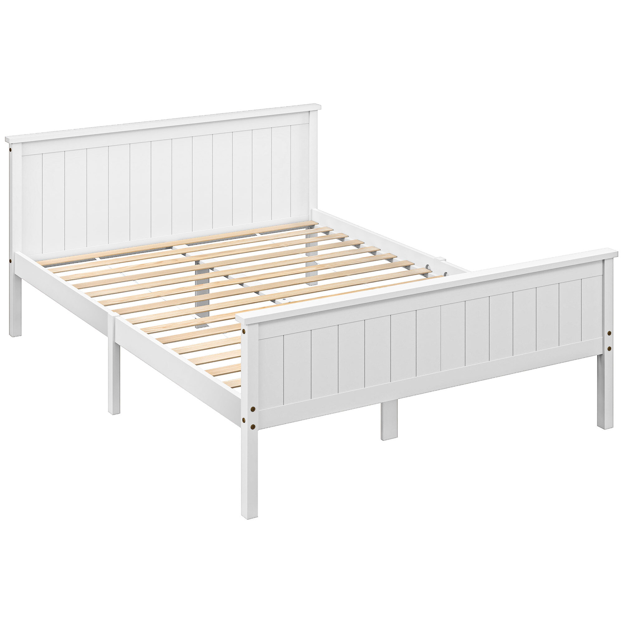 Lit double bois de pin blanc rainuré - tête de lit, pied de lit et sommier - 210L x 148l x 82H cm - compatible matelas 200L x 140l cm