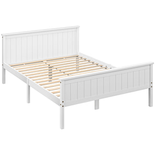 Lit double bois de pin blanc rainuré - tête de lit, pied de lit et sommier - 210L x 148l x 82H cm - compatible matelas 200L x 140l cm