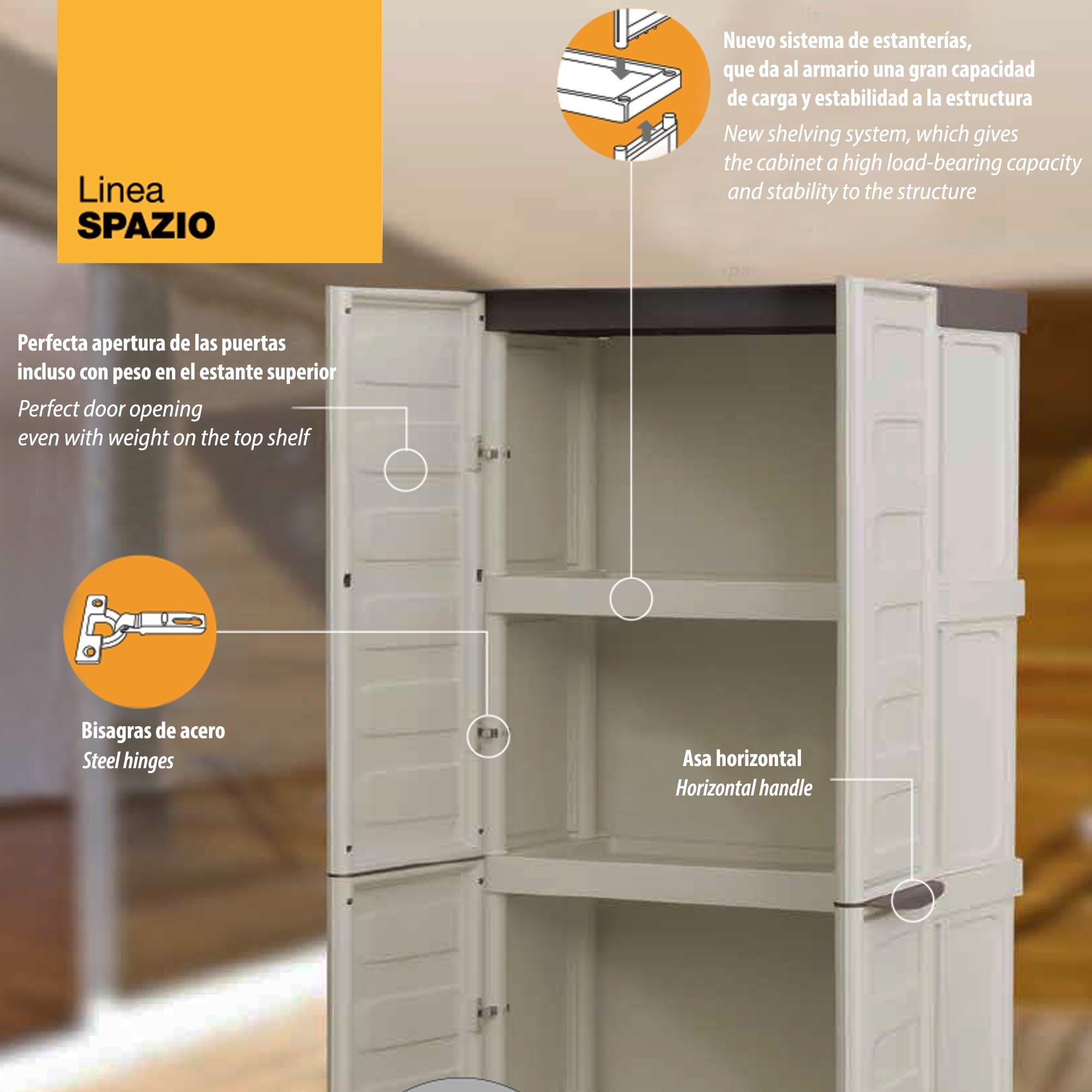 Armario de media altura en pp, material reciclable y ecológico, equipado con bisagras y estante ajustable 70x39x85,5cm