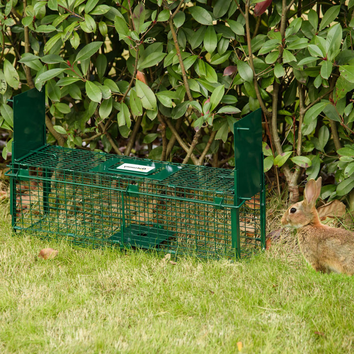 Piège de capture pour petits animaux type lapin rat - 2 entrées + poignée - dim. 60L x 18l x 20H cm - métal vert