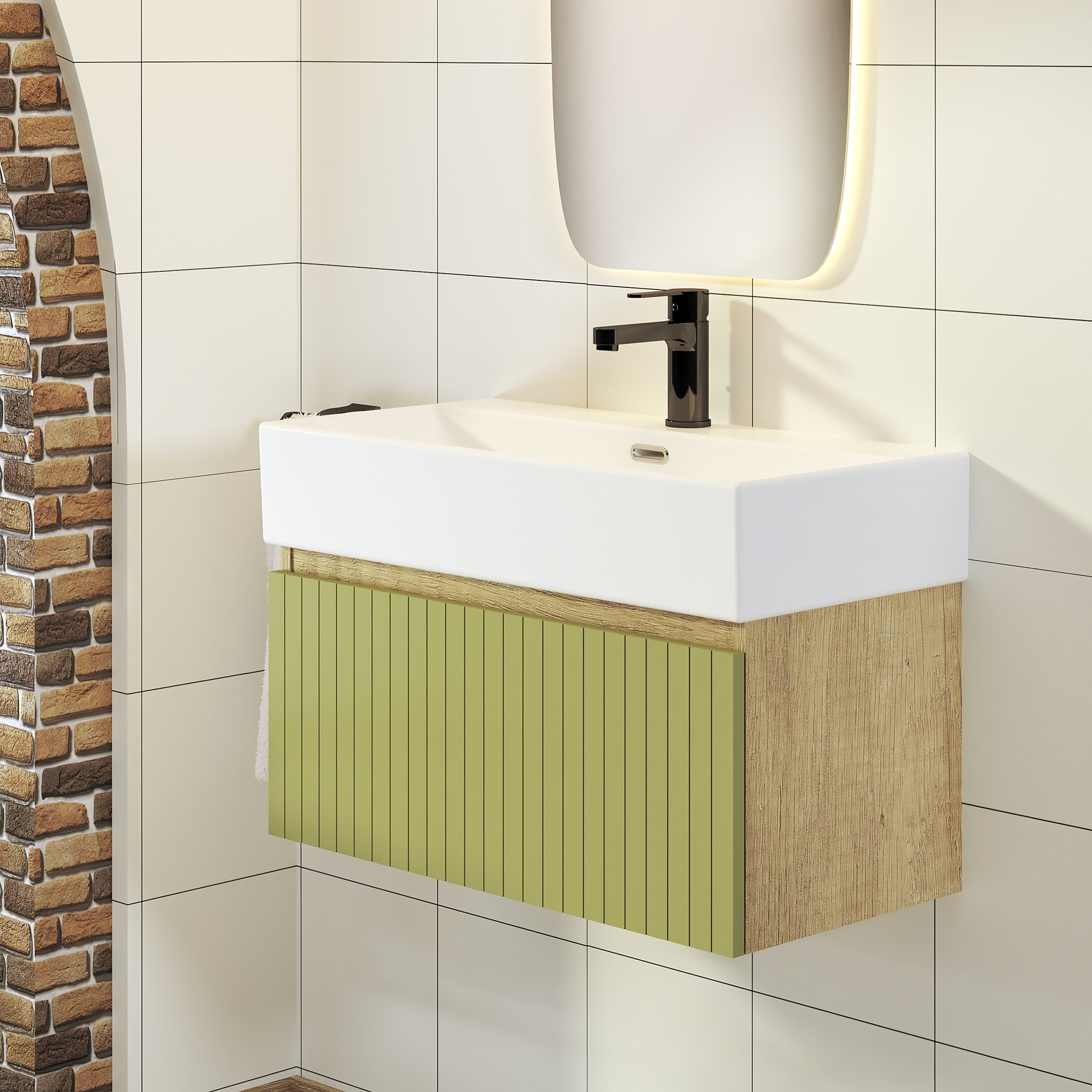 Conjunto de Baño Zel | Mueble Suspendido | 70 cm Verde | Un Cajón | Lavabo Encastrado | No incluye Espejo | Mueble Montado| Alday