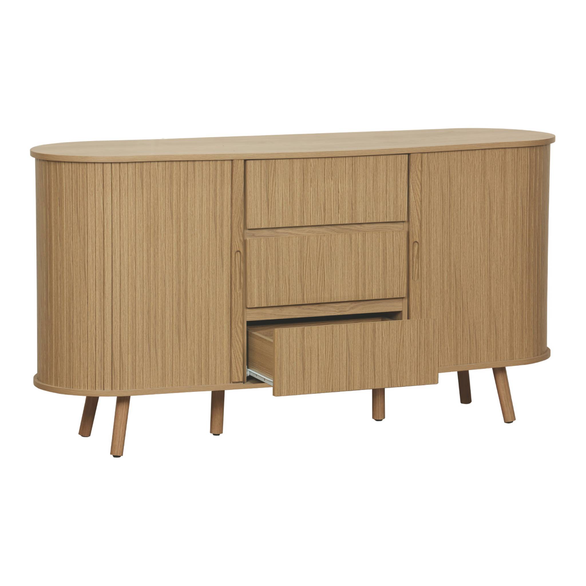 Buffet scandinave ovale 2 portes coulissantes. 4 compartiments. 3 tiroirs. effet bois rainuré. teinte naturelle. L 150 x P 40 x H 79cm