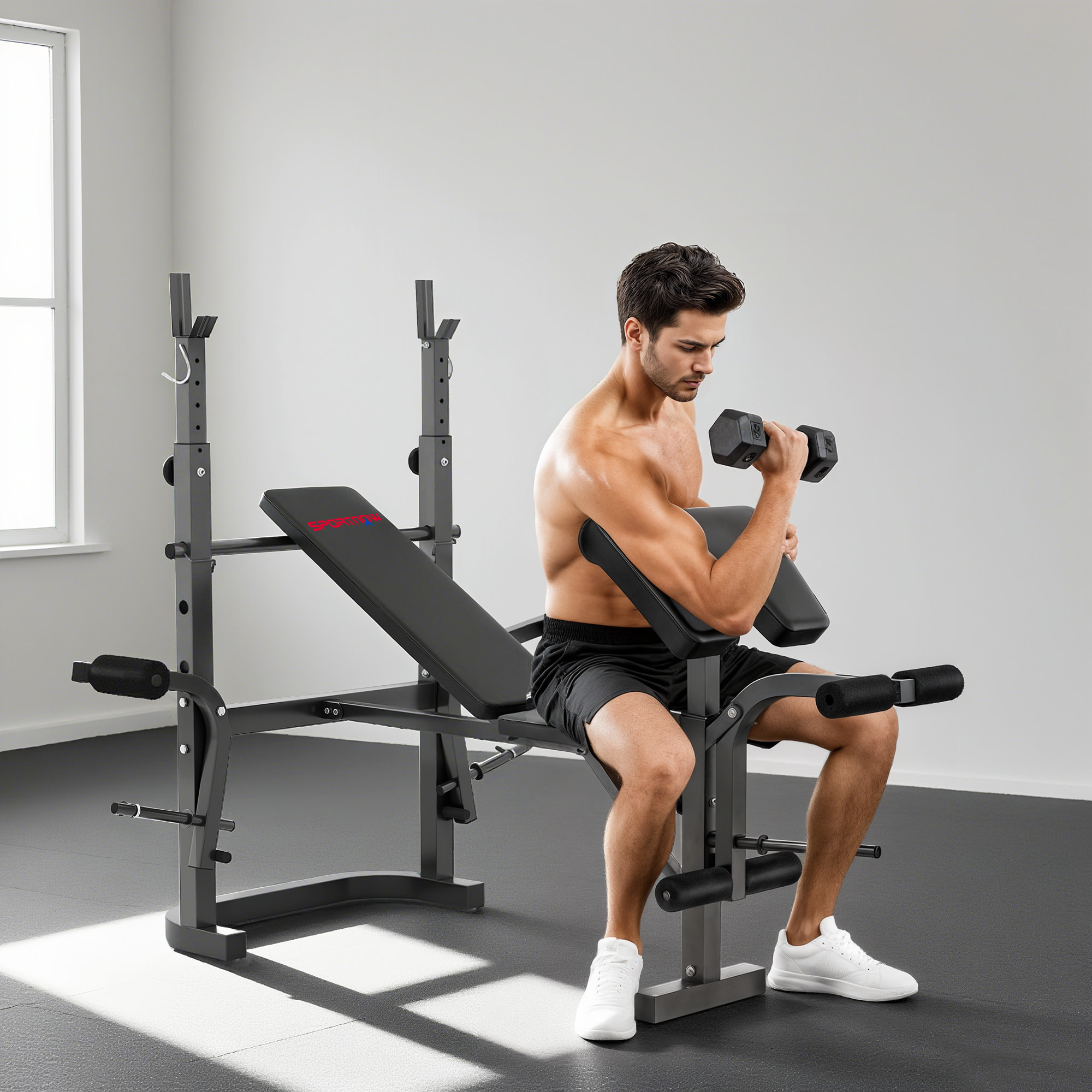 Banco de Musculación Multifuncional Inclinable, Banco de Pesas, Press Banca con Soporte para Barra Ajustable, Extensión Piernas, Curl de Predicador, Mariposa, Entrenamiento en Casa, Gimnasio