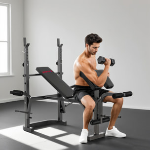 Banco de Musculación Multifuncional Inclinable, Banco de Pesas, Press Banca con Soporte para Barra Ajustable, Extensión Piernas, Curl de Predicador, Mariposa, Entrenamiento en Casa, Gimnasio