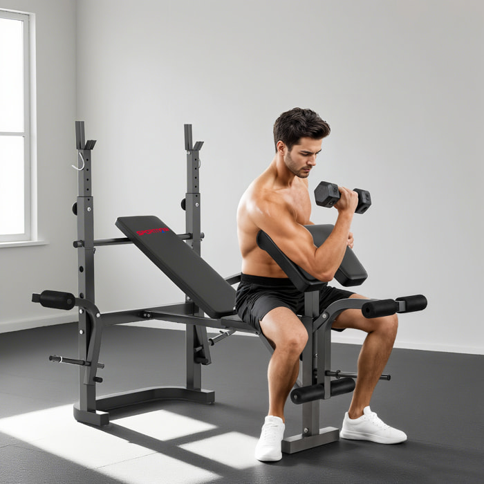 Banco de Musculación Multifuncional Inclinable, Banco de Pesas, Press Banca con Soporte para Barra Ajustable, Extensión Piernas, Curl de Predicador, Mariposa, Entrenamiento en Casa, Gimnasio