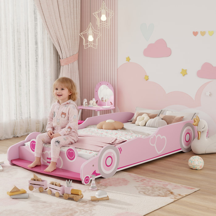 Cama Infantil 70x140 cm, Forma de Coche, Cama para Niños con Barrera Anticaídas y Somier, para Niños y Niñas de 3-5 Años, Rosa