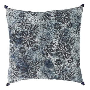 COUSSIN EN COTON IMPRIME BLEU ET NOIR 4 POMPONS 45X45 CM MELTING